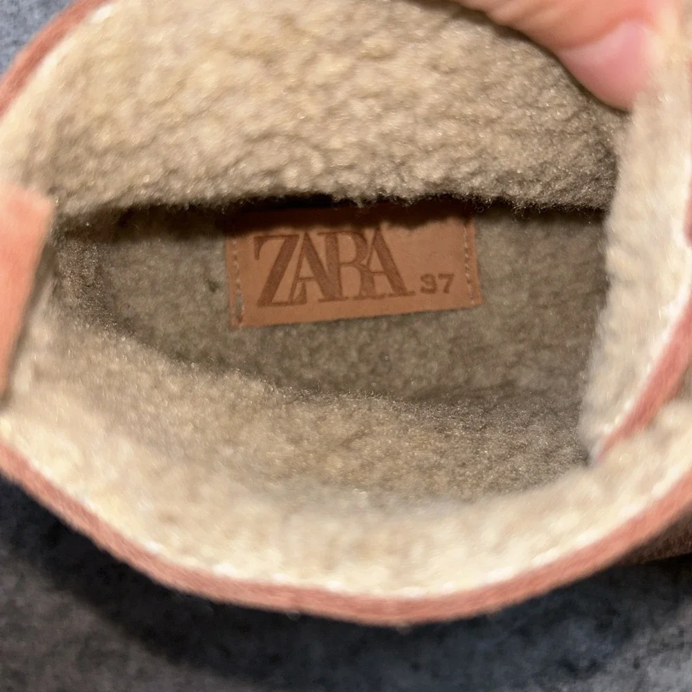 New Zara Girls Sherpa Lined Split Leather Ankle Booties  37/5 Rose Pink